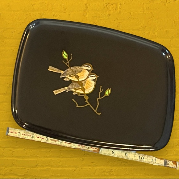 Vintage Black Tray Featuring Inlay Chickadee Birds | by Couroc Monterey - Picture 7 of 8